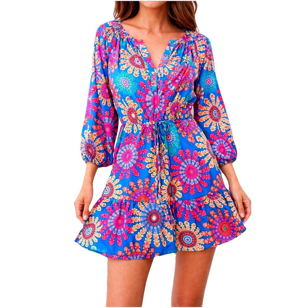 Alice & Trixie Silk Floral Print Dress XS (Fits S-M) V-Neck Tie Waist 3/4 Slv